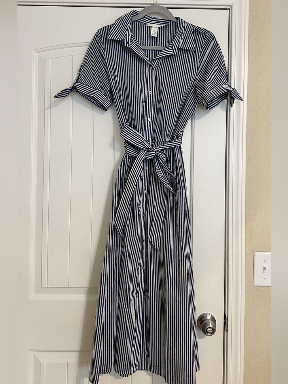 H&M Navy and White Striped Maxi Shirt Dress with Tie Waist